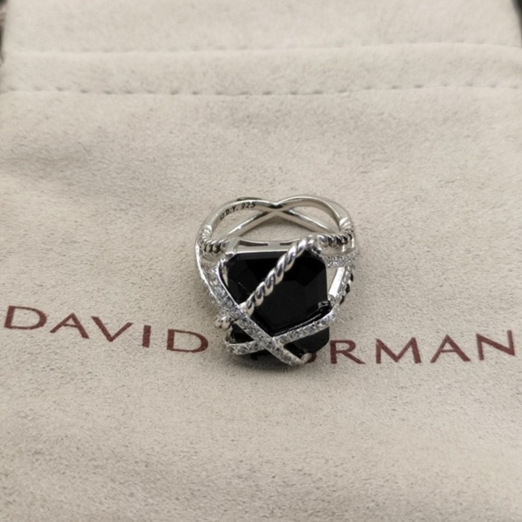 David Yurman 925 Silver Black Onyx & Diamond Ring With Crisscross Cable Design